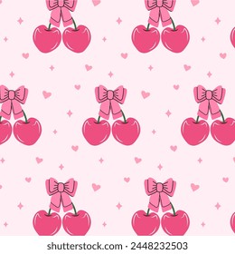 Seamless pattern of pink cherries and bows. Gift ribbons in hand drawn styles. Coquette core cute trendy design. Design for wrapping paper, packaging, background, fabric, textile, home decor, gifts