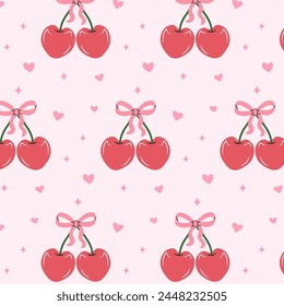 Seamless pattern of pink cherries and bows. Gift ribbons in hand drawn styles. Coquette core cute trendy design. Design for wrapping paper, packaging, background, fabric, textile, home decor, gifts