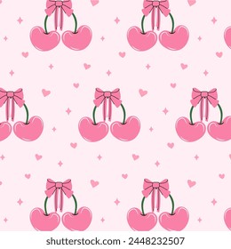 Seamless pattern of pink cherries and bows. Gift ribbons in hand drawn styles. Coquette core cute trendy design. Design for wrapping paper, packaging, background, fabric, textile, home decor, gifts