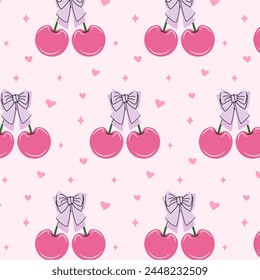 Seamless pattern of pink cherries and bows. Gift ribbons in hand drawn styles. Coquette core cute trendy design. Design for wrapping paper, packaging, background, fabric, textile, home decor, gifts