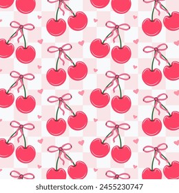 Seamless pattern of pink cherries and bows. Gift ribbons on checkered background. Coquette core cute trendy design. Design for wrapping paper, packaging, fabric, textile, home decor, gifts