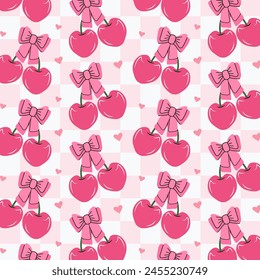 Seamless pattern of pink cherries and bows. Gift ribbons on checkered background. Coquette core cute trendy design. Design for wrapping paper, packaging, fabric, textile, home decor, gifts