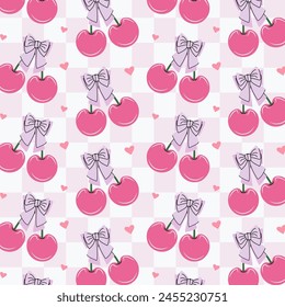 Seamless pattern of pink cherries and bows. Gift ribbons on checkered background. Coquette core cute trendy design. Design for wrapping paper, packaging, fabric, textile, home decor, gifts