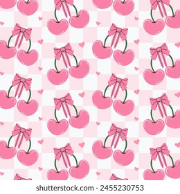 Seamless pattern of pink cherries and bows. Gift ribbons on checkered background. Coquette core cute trendy design. Design for wrapping paper, packaging, fabric, textile, home decor, gifts