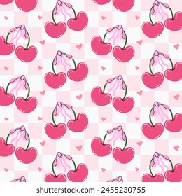 Seamless pattern of pink cherries and bows. Gift ribbons on checkered background. Coquette core cute trendy design. Design for wrapping paper, packaging, fabric, textile, home decor, gifts