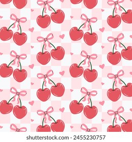 Seamless pattern of pink cherries and bows. Gift ribbons on checkered background. Coquette core cute trendy design. Design for wrapping paper, packaging, fabric, textile, home decor, gifts