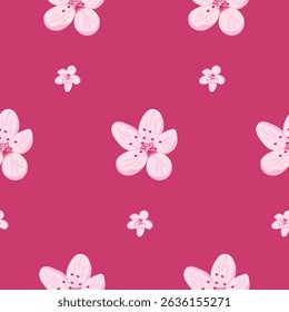 Seamless pattern with pink cherry blossom flowers on bold magenta background. Spring floral design and romantic textile concept in soft hand drawn style