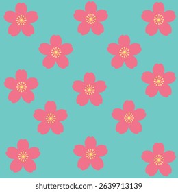 Seamless Pattern of Pink Cherry Blossom Flowers on a Bright Turquoise Background