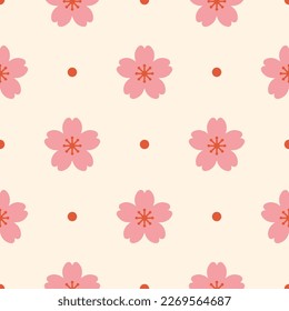 Seamless pattern with pink cherry blossoms and dots. Sakura flowers print