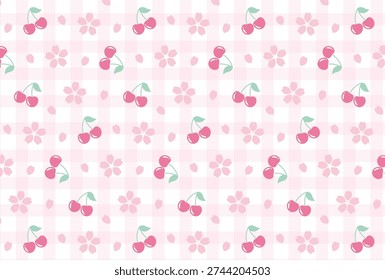 seamless pattern with pink cherry blossoms and cherries on gingham plaid