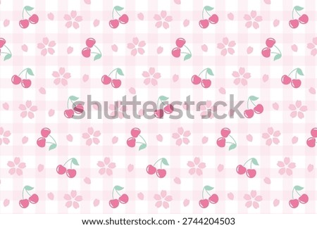 seamless pattern with pink cherry blossoms and cherries on gingham plaid