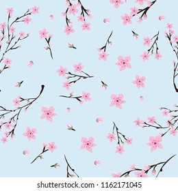 Seamless pattern of pink cherry flowers on light blue background,Spring blossom,Sakura branch in Vintage background for wrapping,textile,wallpaper,soft tile or fabric,Cute flowers pattern in pastel 