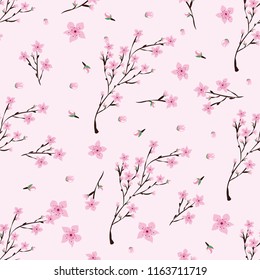 Seamless pattern of pink cherry flowers on light pink background