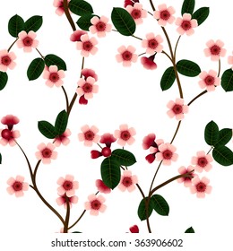 Seamless pattern with pink cherry flowers and leaf