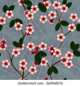 Seamless pattern with pink cherry flowers and leaf