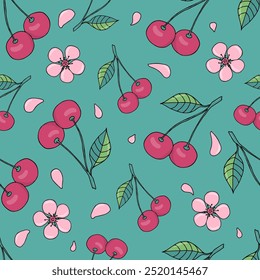 Seamless pattern with pink cherry fruits, green leaves and pink sakura flowers. Vector illustration on green background for textile, wallpaper and wrapping paper