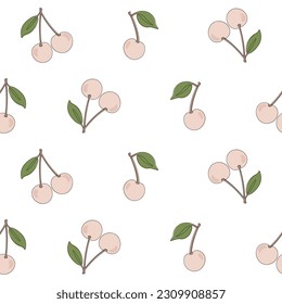 Seamless pattern with pink cherry on white background continuous one line art.