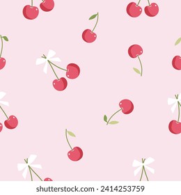 seamless pattern of pink cherry with white bow on pastel pink background ,vector ,illustration