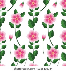 seamless pattern of pink Chinese rose flowers on a white background. 
delicate summer ornament with gradients and texture. stock vector illustration. EPS 10.