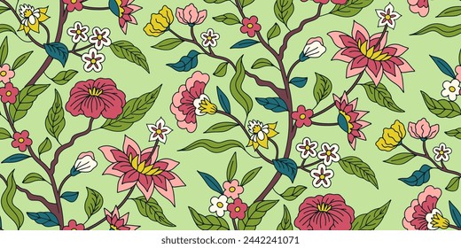 Seamless pattern with pink chinoiserie hand drawn motifs. Floral wallpaper with orintal folk style ornament.