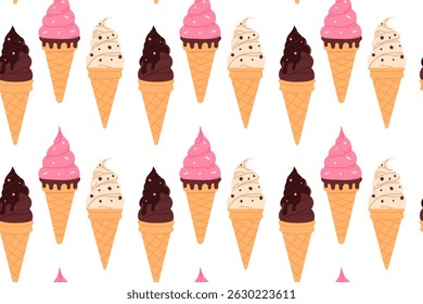 Seamless pattern of pink, chocolate, and beige ice cream cones on white background, ideal for dessert packaging or themed decor