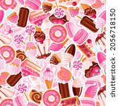 seamless pattern of pink and chocolate sweet food stickers. Cartoon donuts, ice cream, muffins, smoothies, macaroons and candies.Texture for fabric, wrapping, wallpaper. Decorative print.