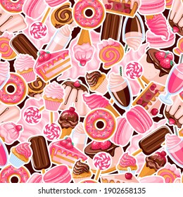 seamless pattern of pink and chocolate sweet food stickers. Cartoon donuts, ice cream, muffins, smoothies, macaroons and candies.Texture for fabric, wrapping, wallpaper. Decorative print.
