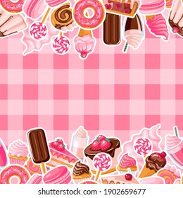 seamless pattern of pink and chocolate sweet food stickers. Cartoon donuts, ice cream, muffins, smoothies, macaroons and candies on pink checkered tablecloth. Vector illustration for your design.