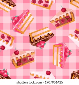 Seamless Pattern Of Pink And Chocolate Sweet Pies With Cherry And Strawberry On Pink Checkered Tablecloth.Texture For Fabric, Wrapping, Wallpaper. Decorative Print. 