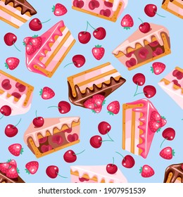 seamless pattern of pink and chocolate sweet pies with cherry and strawberry on blue background.Texture for fabric, wrapping, wallpaper. Decorative print. 