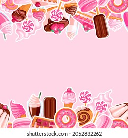 seamless pattern of pink and chocolate sweet food stickers. Cartoon donuts, ice cream, muffins, smoothies, macaroons and candies on pink background. Vector illustration for your design.