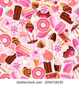 seamless pattern of pink and chocolate sweet food stickers. Cartoon donuts, ice cream, muffins, smoothies, macaroons and candies.Texture for fabric, wrapping, wallpaper. Decorative print.