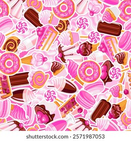 seamless pattern of pink and chocolate sweet food stickers. Cartoon donuts, ice cream, muffins, smoothies, macaroons and candies.Texture for fabric, wrapping, wallpaper. Decorative print.