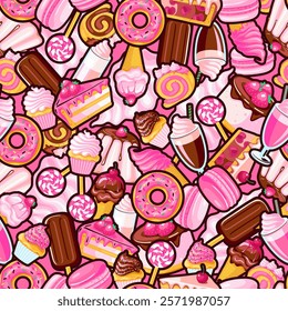 seamless pattern of pink and chocolate sweet food stickers. Cartoon donuts, ice cream, muffins, smoothies, macaroons and candies.Texture for fabric, wrapping, wallpaper. Decorative print.