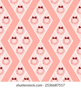 Seamless Pattern pink Christmas  door wreath with red bow. Design for wallpaper, tile, interior, wrapping paper, gift paper. Vector.