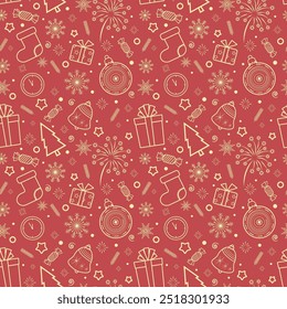 seamless pattern of pink Christmas symbols on a red background