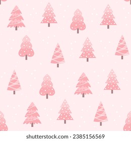 Seamless pattern with pink Christmas trees on a pastel pink background. Flat vector illustration