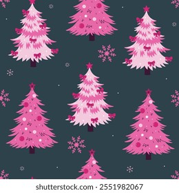 Seamless pattern with pink Christmas trees and snowflakes. Vector graphics