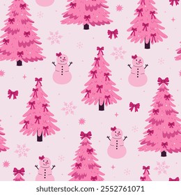 Seamless pattern with pink Christmas trees decorated with bows and snowmen. Vector graphics.