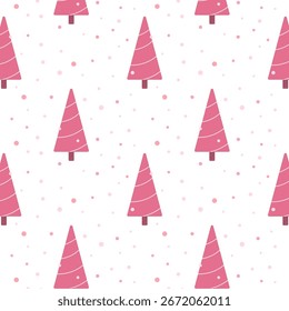 Padrão sem costura com árvores de Natal cor-de-rosa e snow.Forest com pinho, abeto repete padrão isolado no fundo branco.Cute vetor gráfico ilustração papel de parede.