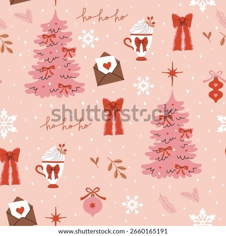 Seamless pattern of pink Christmas with trees, bows, snowflakes. Vector graphics.