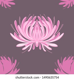 Seamless pattern with pink chrysanthemums on a brown background.