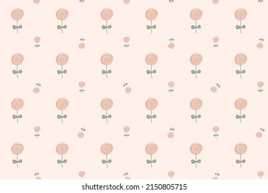 seamless pattern with pink circle flowers on pastel peach background. boho and simple line art concept.