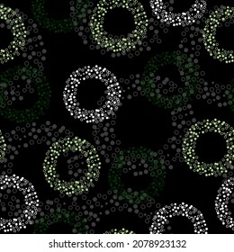 Seamless pattern with pink circles.  Black background. Seamless vector illustration with pink and purple geometric shapes.