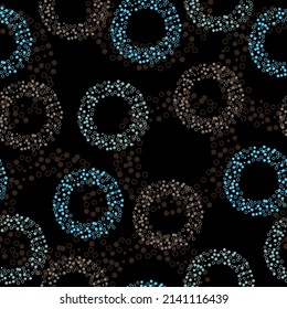 Seamless pattern with pink circles.  Black background. Seamless vector illustration with pink and purple geometric shapes.