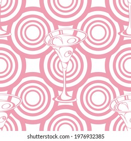 seamless pattern pink circles and glass martini pop art vector 