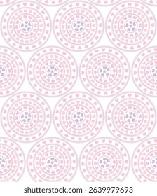Seamless pattern of pink circles mandala design with white background heart textured pattern for textiles and wallpapers