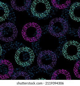 Seamless pattern with pink circles. Multicolored balloons on a black background. Vector illustration. Seamless vector illustration with pink and purple geometric shapes.