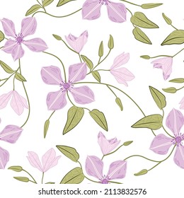 Seamless pattern with pink clematis flowers interconnected on a transparent background