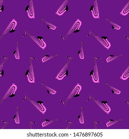 Seamless pattern with pink clipart saxophones isolatad on purple background. Vector illustration.